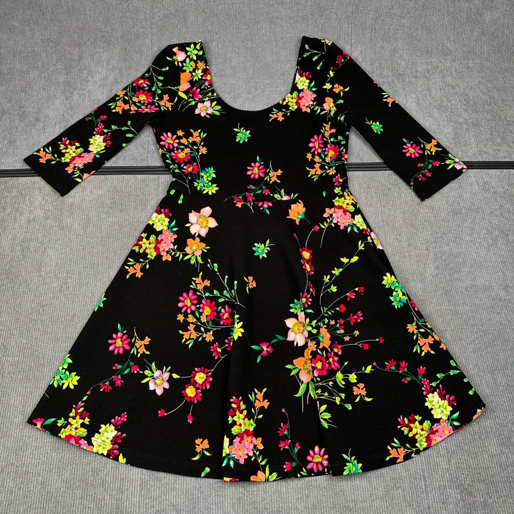 Lush Black Floral Skater Dress 3/4 Sleeve Fit & Flare Scoop Neck Size Small Y2k